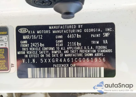 2012 Kia Optima Sx из США, поврежденный, VIN 5XXGR4A61CG061956